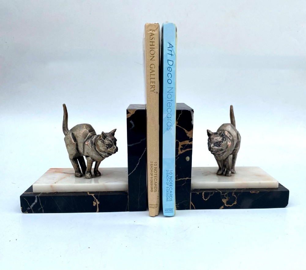 art deco silvered spelter marble cat bookends french c1930