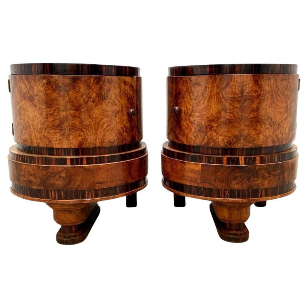 art deco italian pair of matching drum shaped bedside table cabinets in walnut