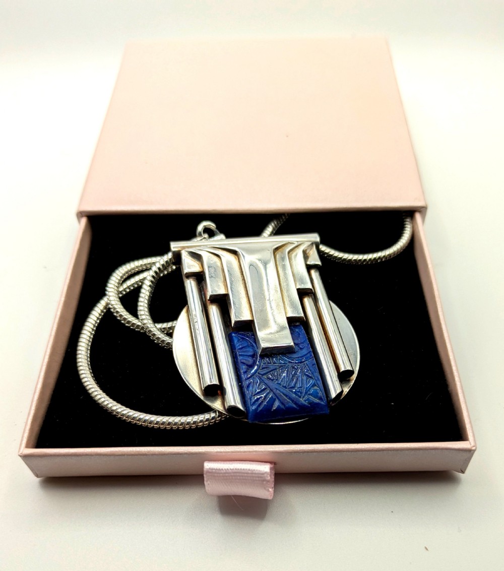 art deco style modernist silver plated and enamel necklace