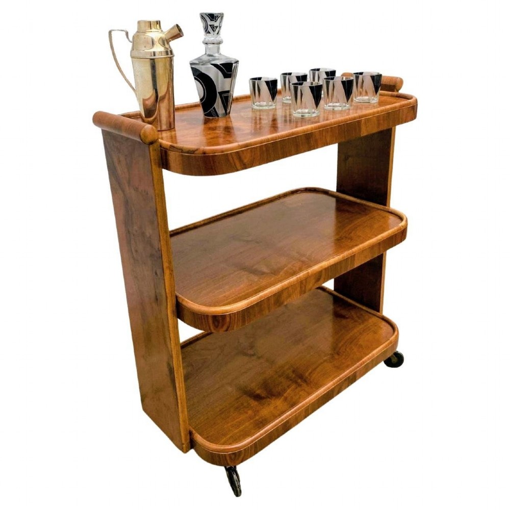 art deco walnut three tier drinks trolley cart c1930