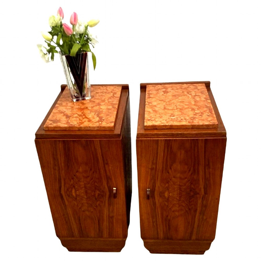 art deco pair of matching bedside table nightstands in walnut c1930