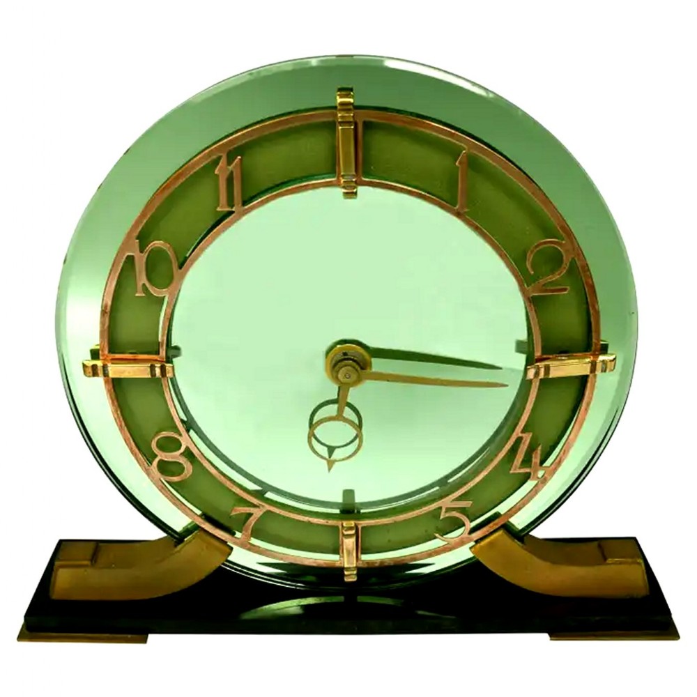 art deco green mirror glass mantle clock by smiths clock company c1940
