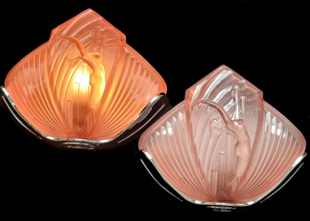 art deco glamourous matching pair of nude female wall lights c1930s