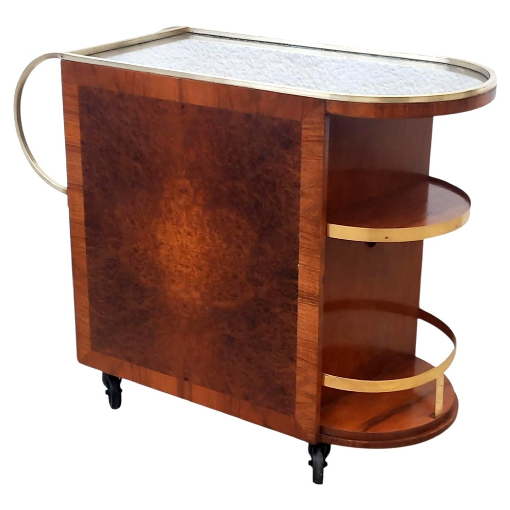 art deco burr amboyna brass cocktail bar cart french c1930