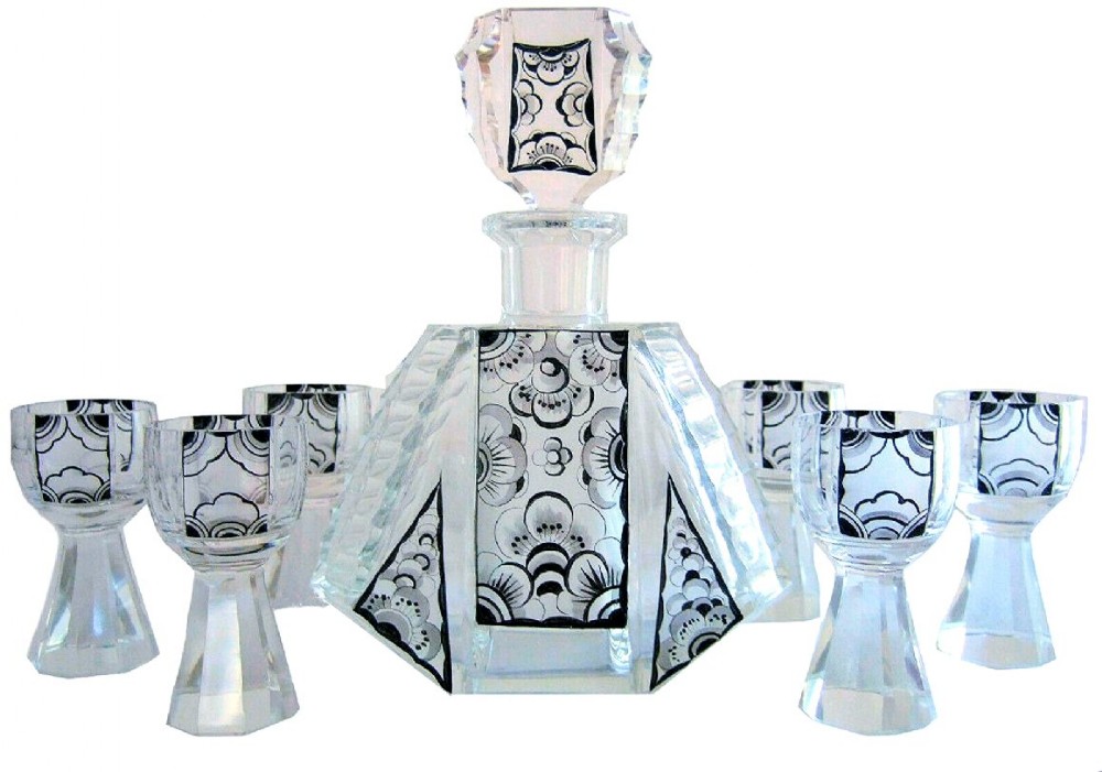 art deco czech geometric crystal glass decanter set by karl palda c1930's