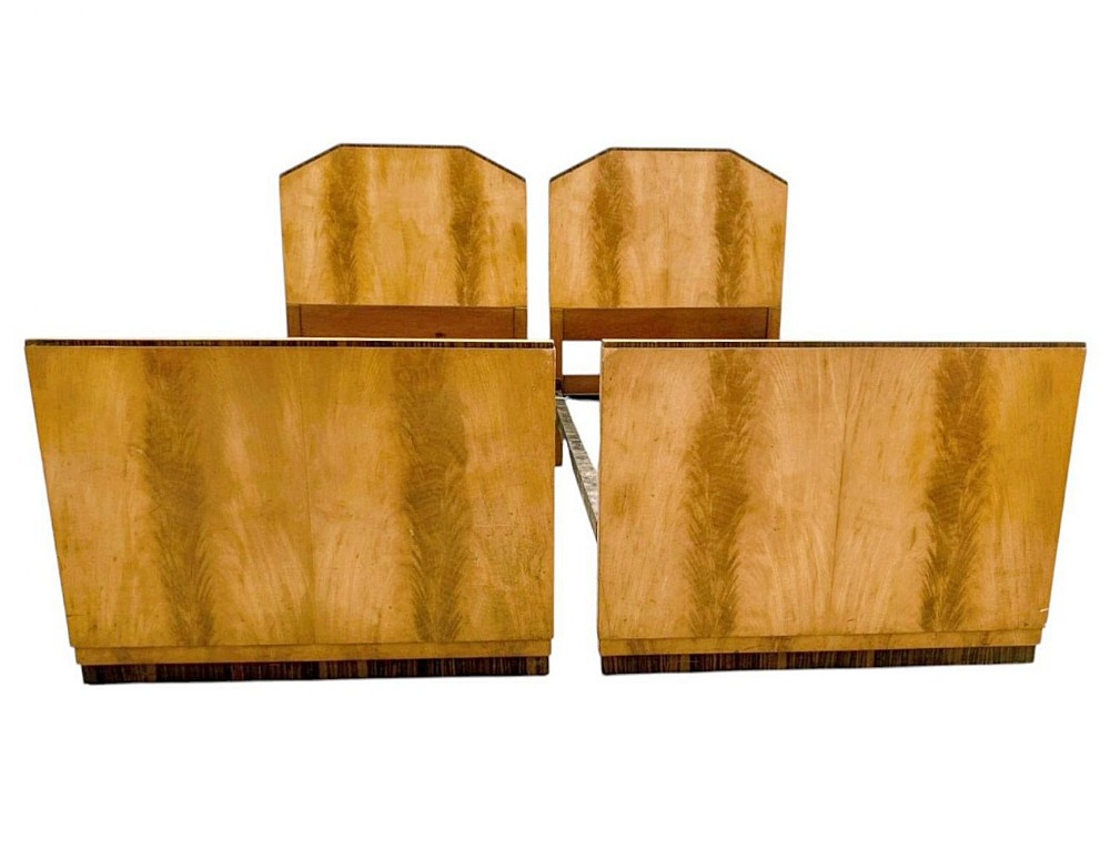 art deco matching pair of single beds in satinwood walnut c1930