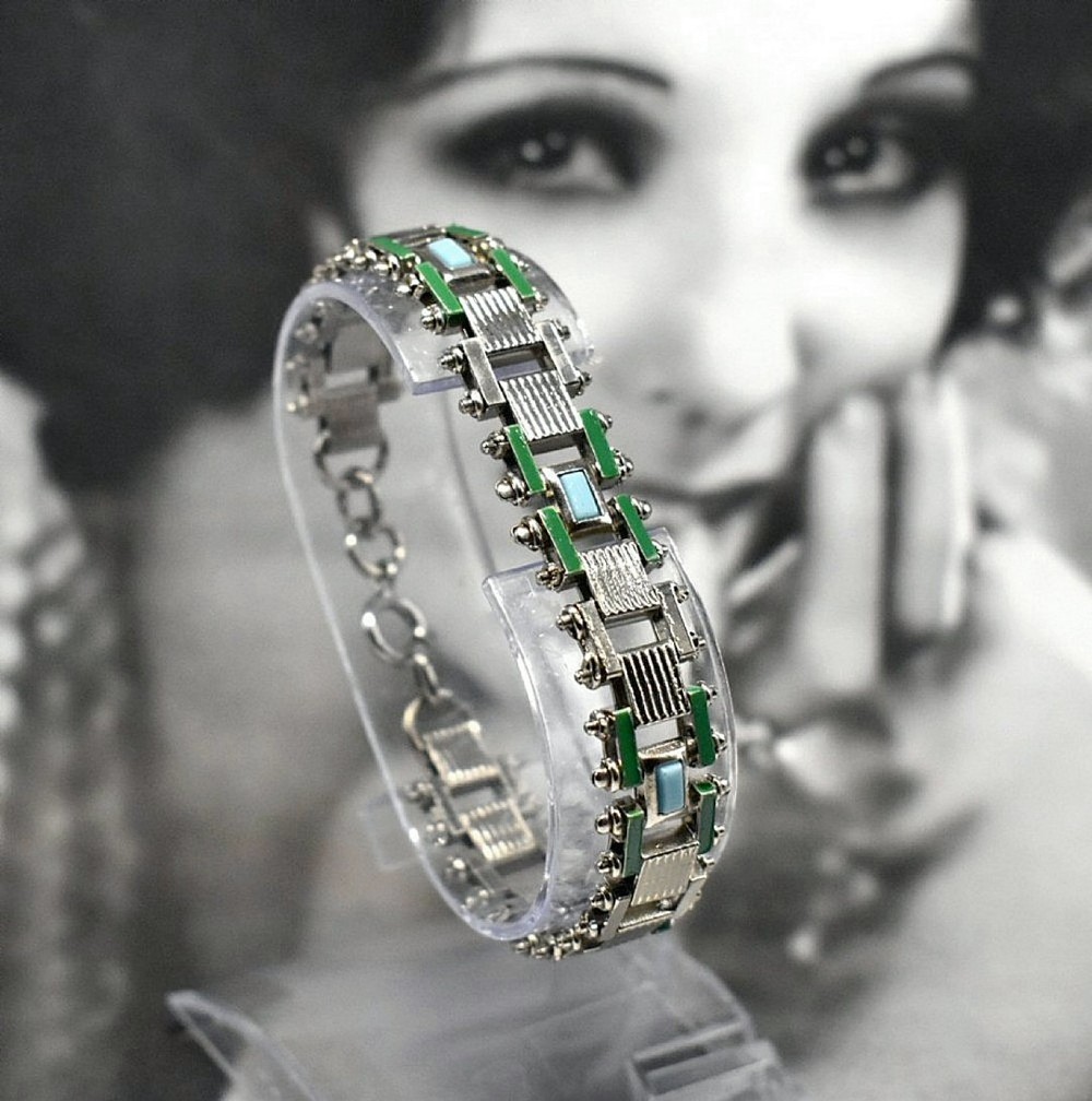 art deco chrome enamel ladies bracelet by jakob bengel c1930