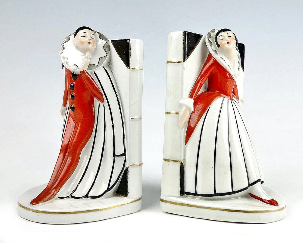 art deco pair of ceramic bookends 'pierrot and pierrette' c1930