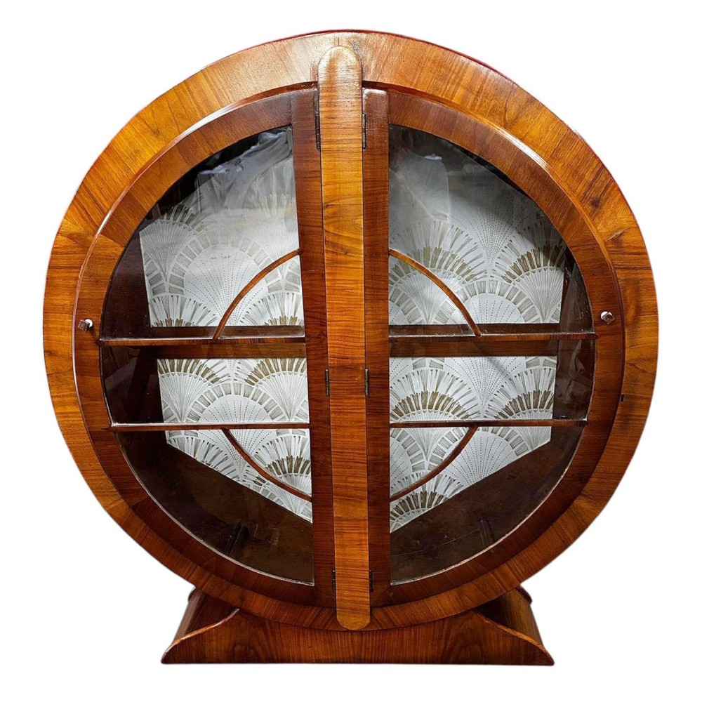 art deco circular walnut display cabinet english c1930