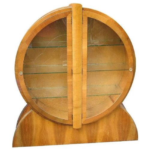 1930s english art deco display cabinet in blonde walnut