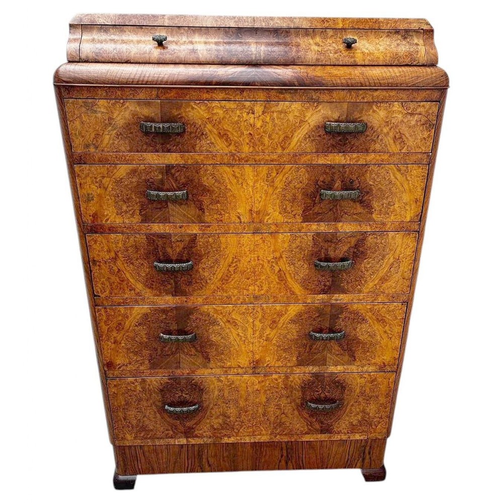 art deco high quality burr walnut chest of six drawers english c1930's